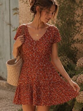 Urban Outfitters Rust Floral Tiered Mini Dress Size Medium Boho Cottagecore